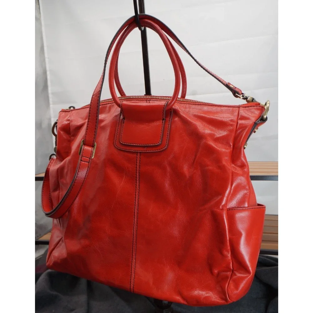 HOBO Sheila Large Satchel Crossbody Shoulder Bag Red Polished Leather Carryall - Picture 2 of 15